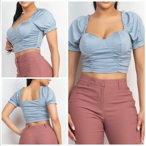 Chic Light Blue Puff Sleeve Crop Top